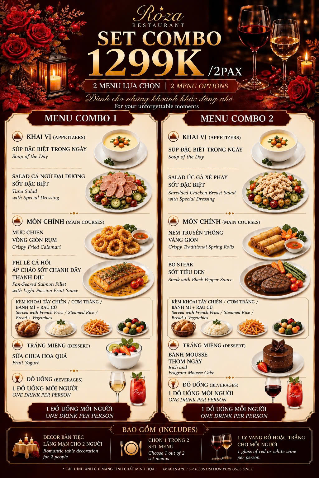 Roza set menu 1,299,000 VND, Cat Ba – two combo options for special occasions