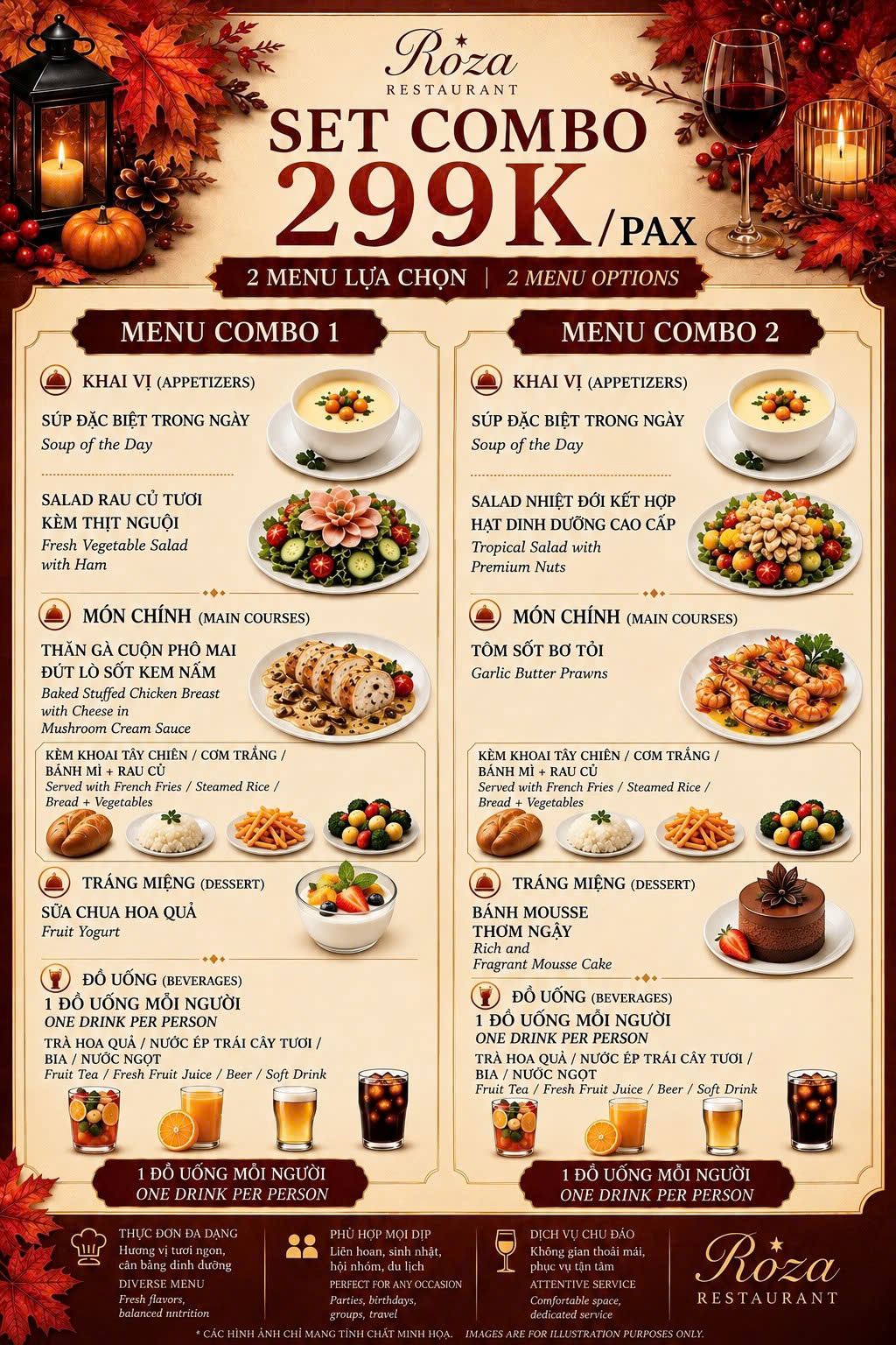 Roza set menu 299,000 VND per person, Cat Ba – two combo options