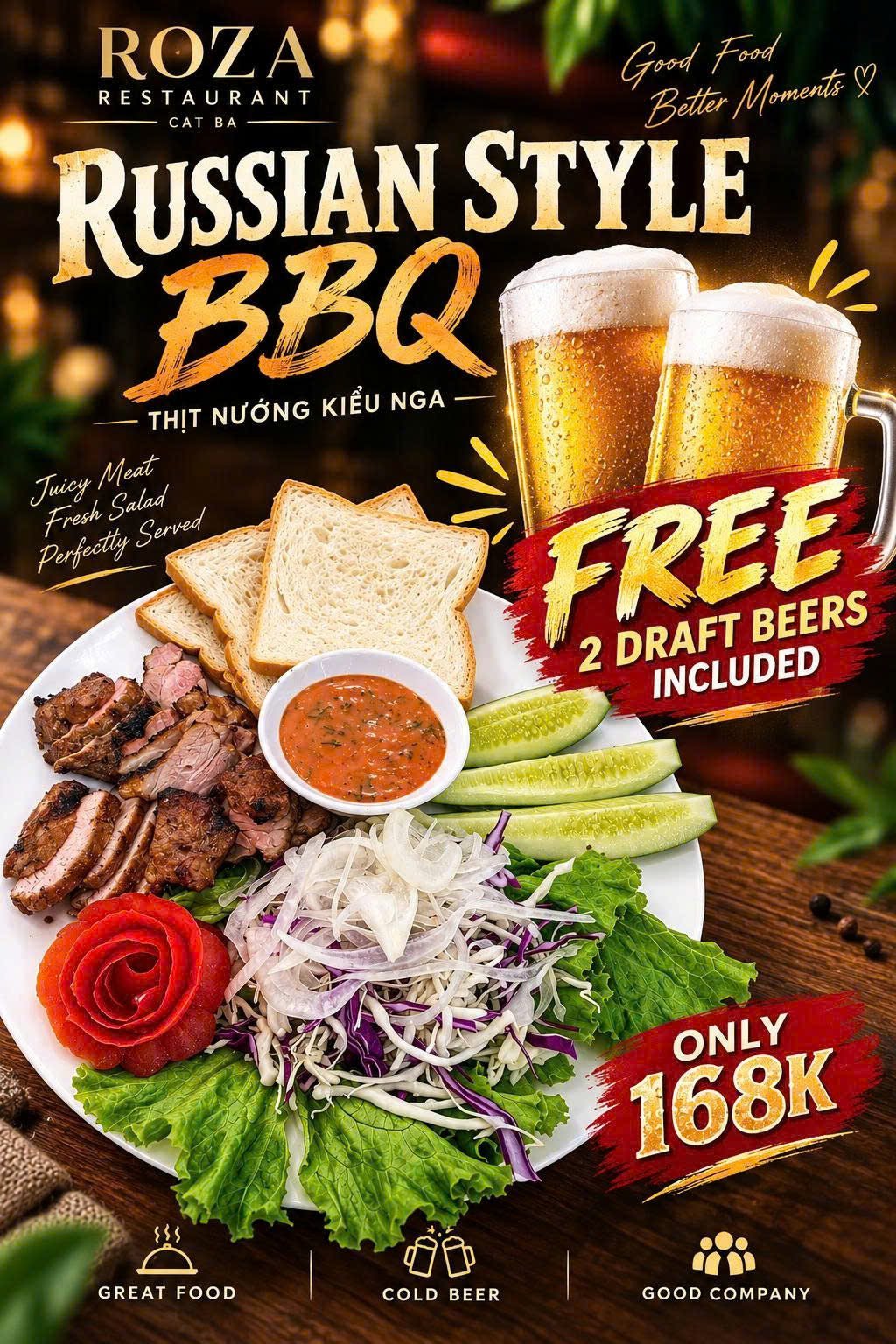 Saturday Russian-style BBQ set with 2 draft beers for 168,000 VND at Roza, Cat Ba
