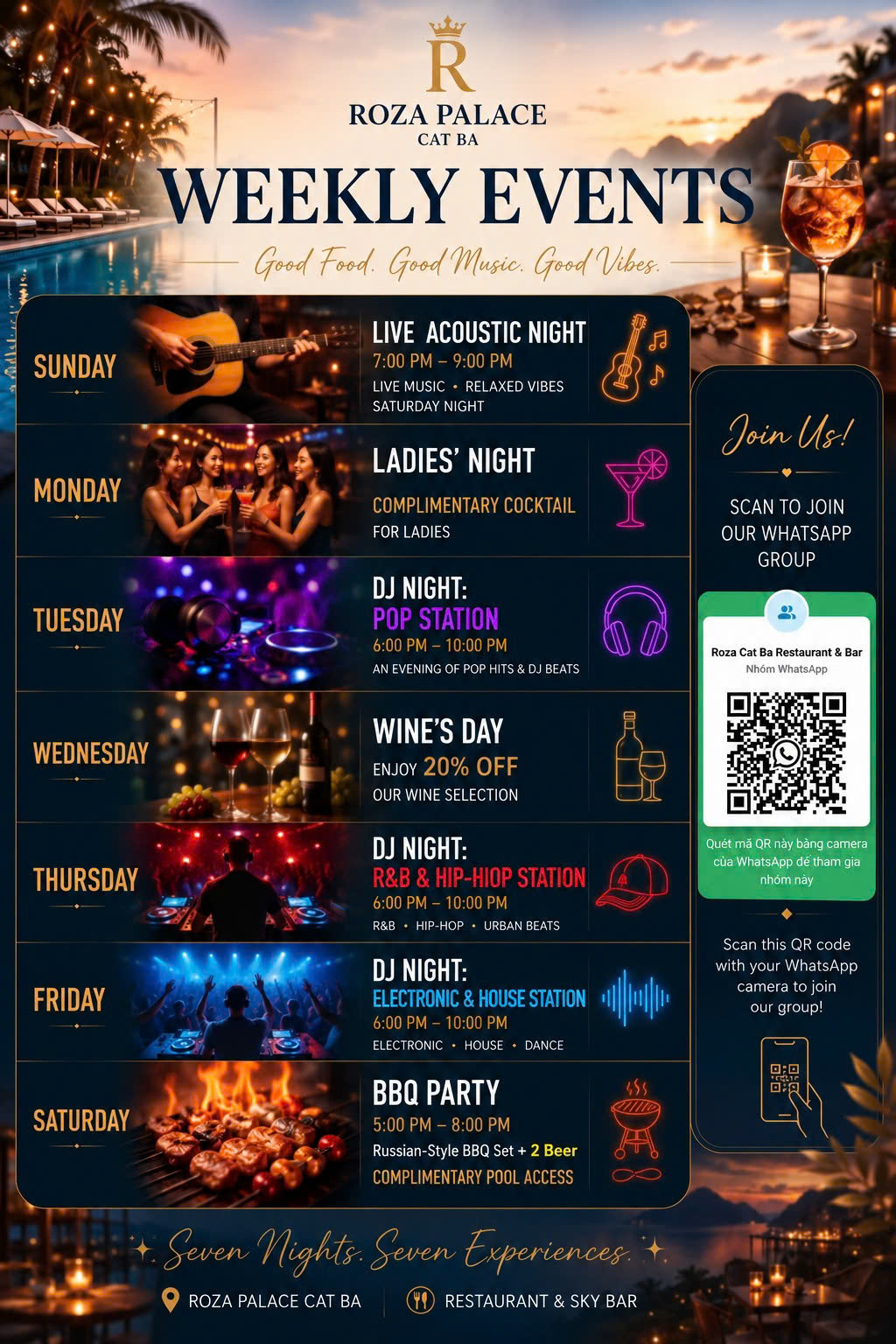 Weekly events at Roza Bar rooftop, Cat Ba – happy hour, acoustic night, ladies night, wine day, DJ nights and Saturday BBQ