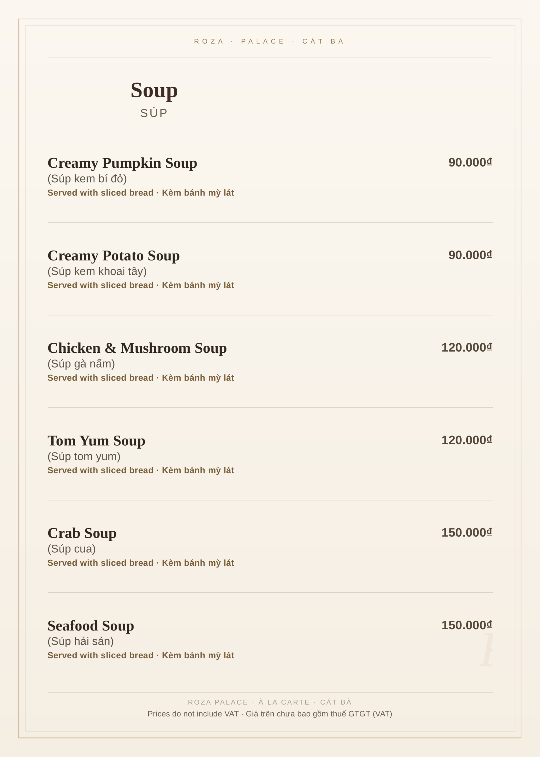 Roza Restaurant à la carte menu, Cat Ba – page 2: soups