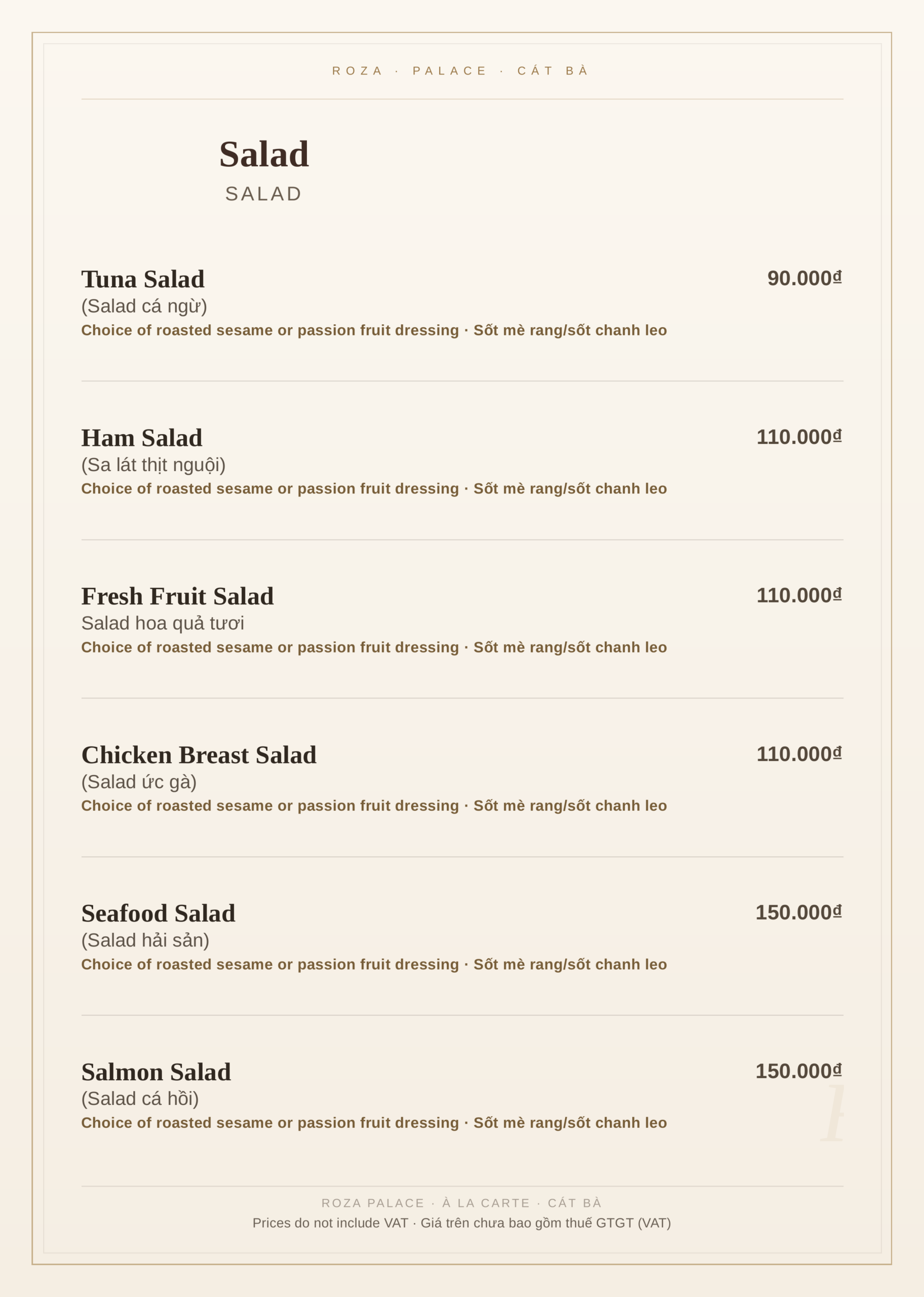 Roza Restaurant à la carte menu, Cat Ba – page 3: salads