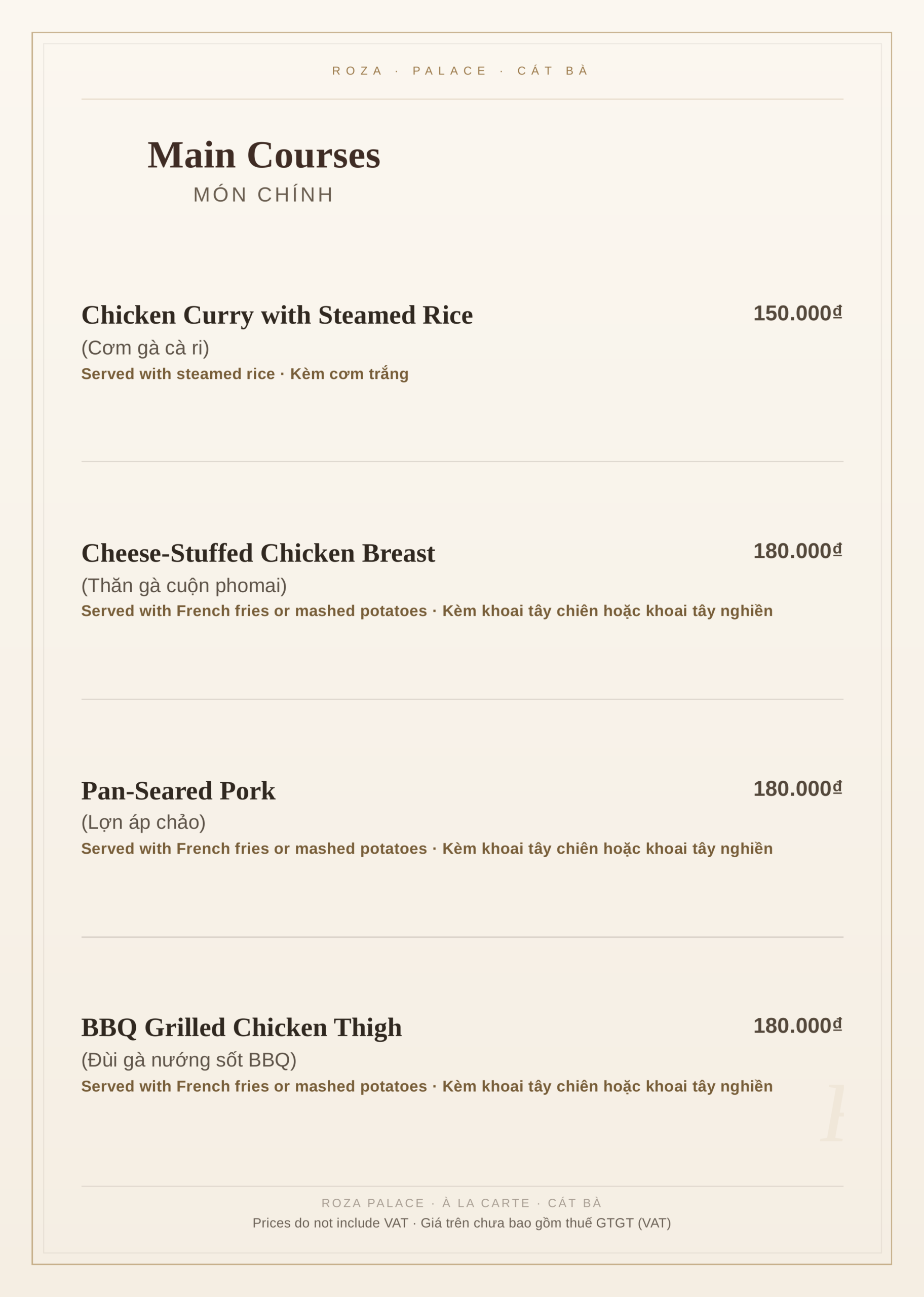Roza Restaurant à la carte menu, Cat Ba – page 5: main courses