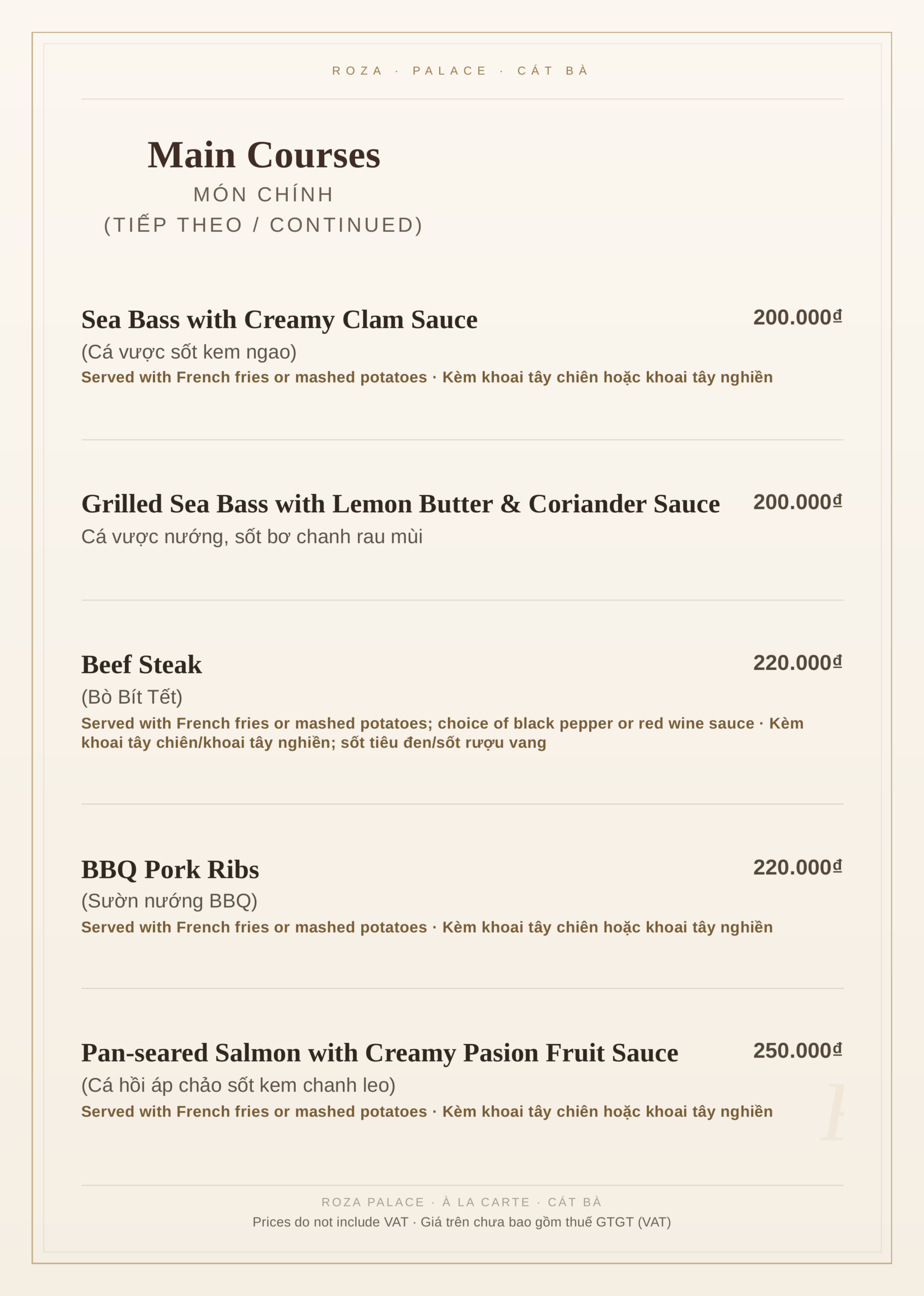Roza Restaurant à la carte menu, Cat Ba – page 6: main courses: sea bass, beef steak and BBQ pork ribs