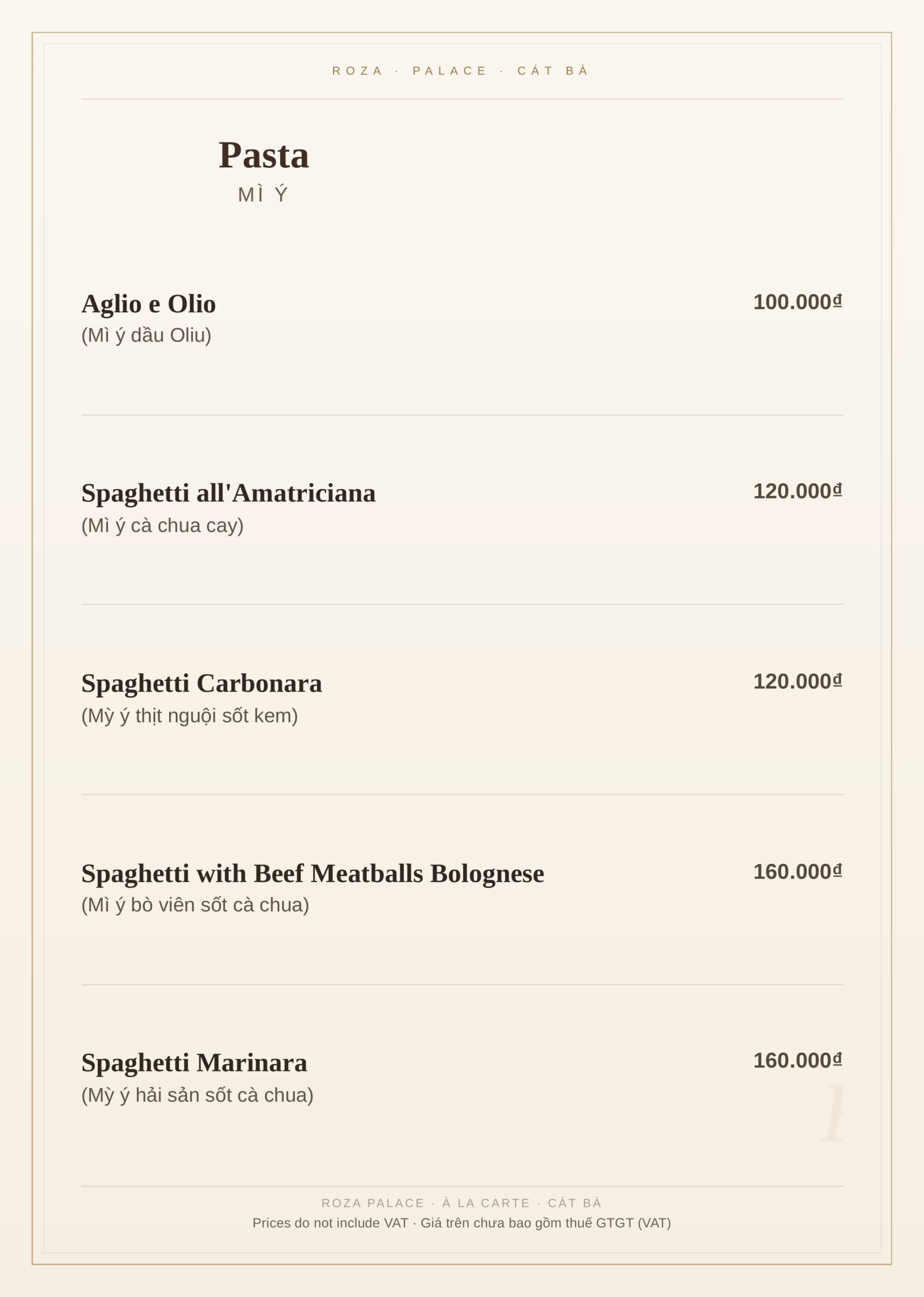 Roza Restaurant à la carte menu, Cat Ba – page 7: pasta