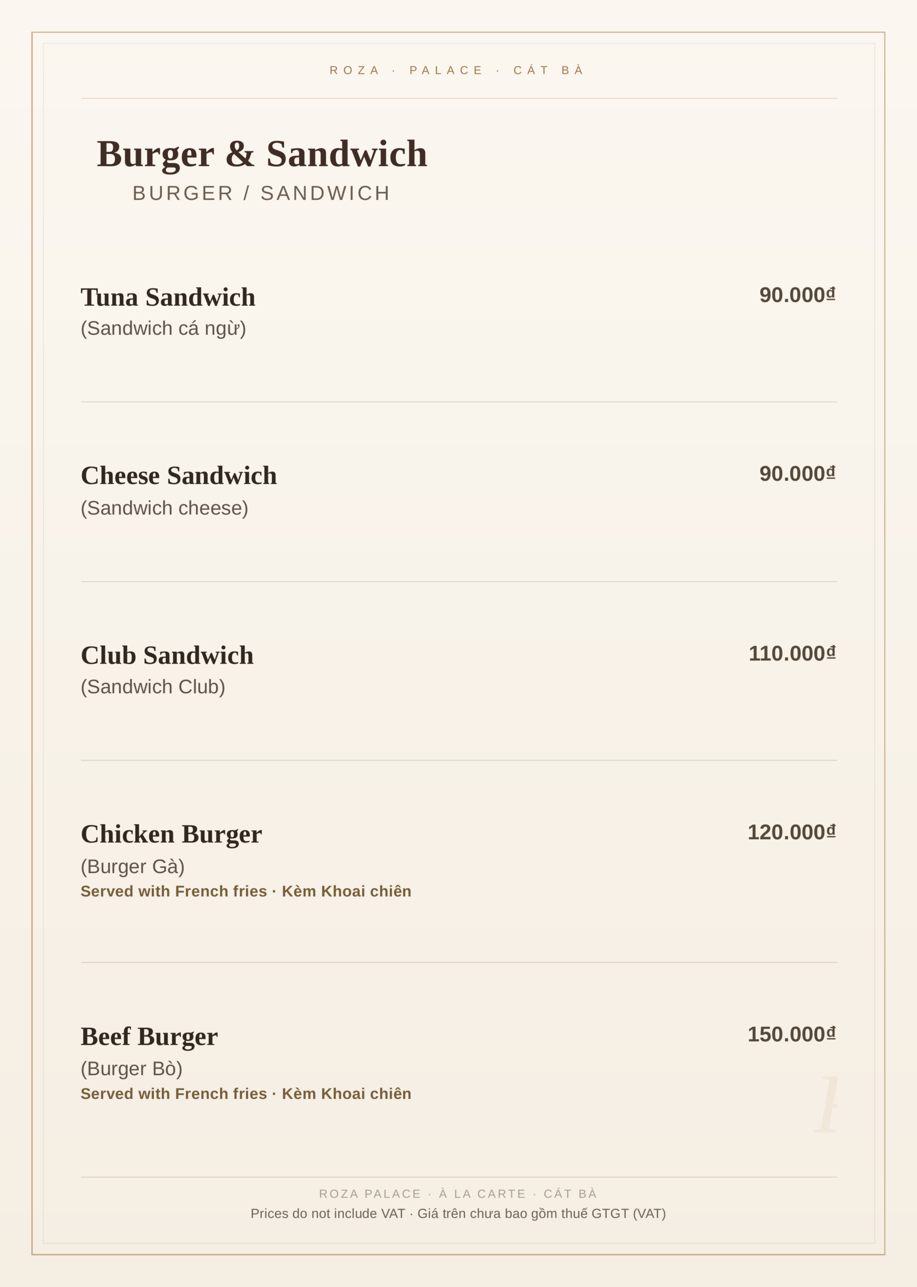 Roza Restaurant à la carte menu, Cat Ba – page 8: burgers and sandwiches