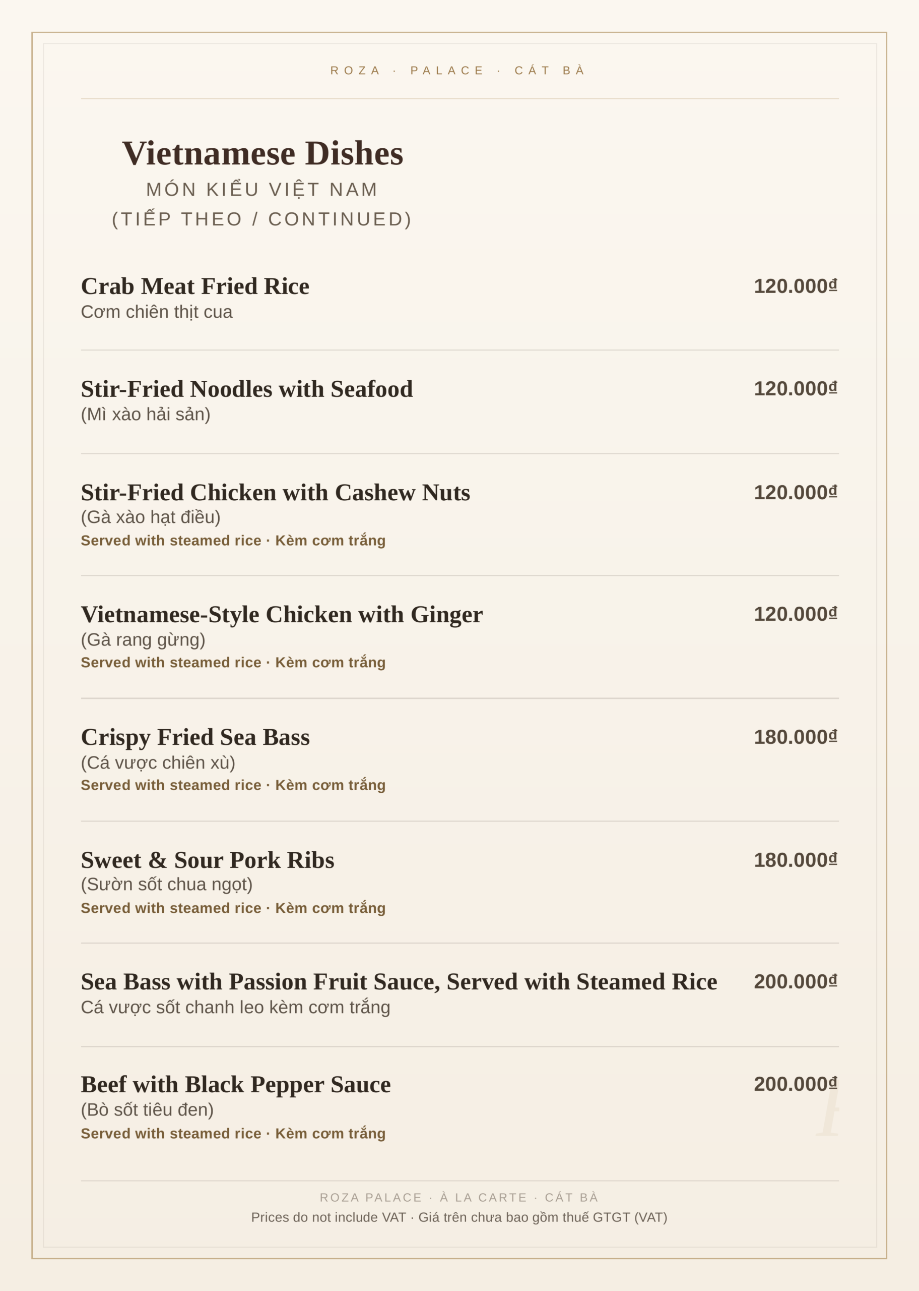 Roza Restaurant à la carte menu, Cat Ba – page 10: Vietnamese dishes: crab fried rice, seafood noodles and chicken