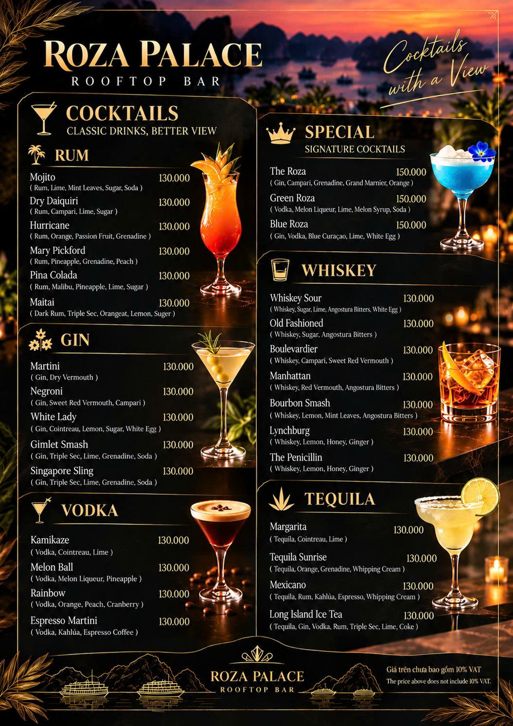 Roza Bar rooftop cocktail menu, Cat Ba – rum, gin, vodka, whiskey, tequila and Roza signature cocktails