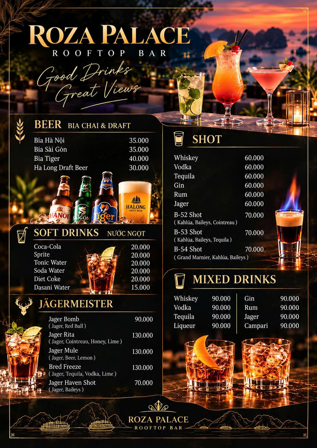Roza Bar rooftop drinks menu, Cat Ba – beer, soft drinks, Jägermeister, shots and mixed drinks