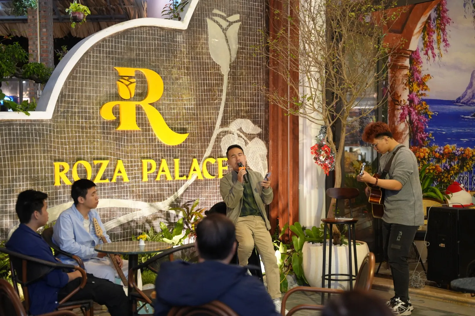 Singer and guitarist performing an acoustic set at Roza, Cat Ba
