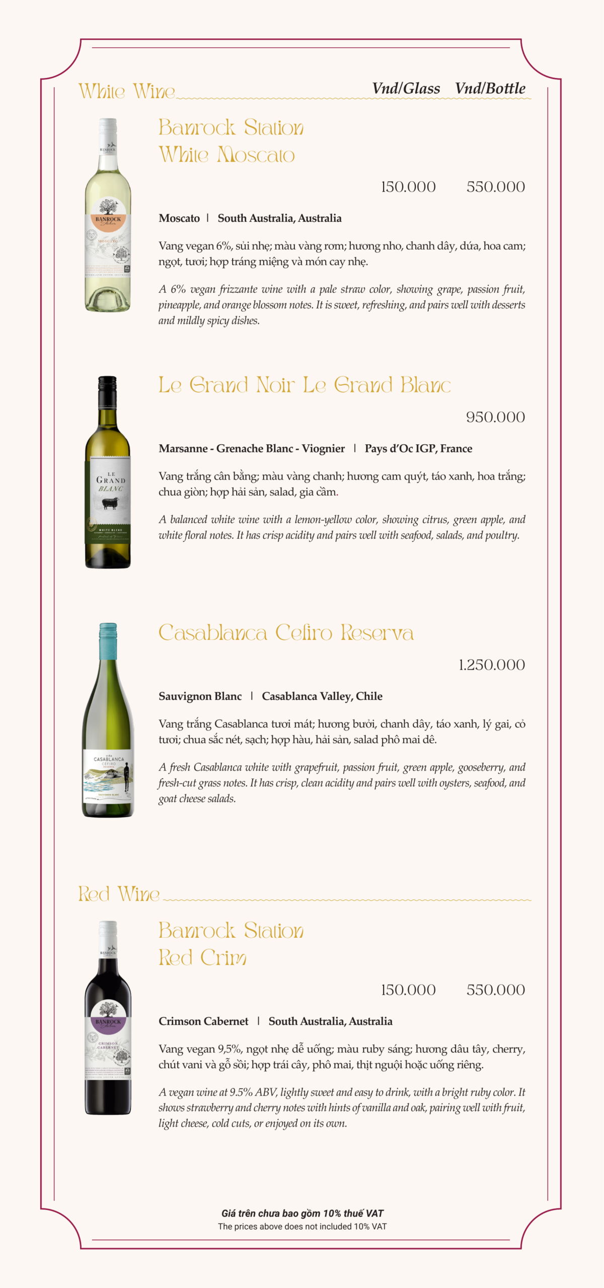 Roza wine list, Cat Ba – white wines and Banrock Station red