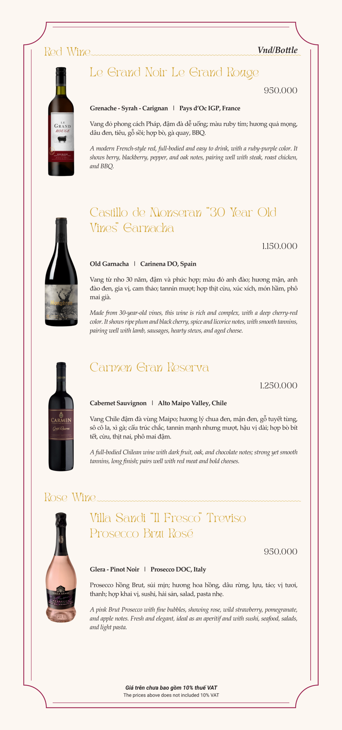 Roza wine list, Cat Ba – red wines and Villa Sandi rosé prosecco