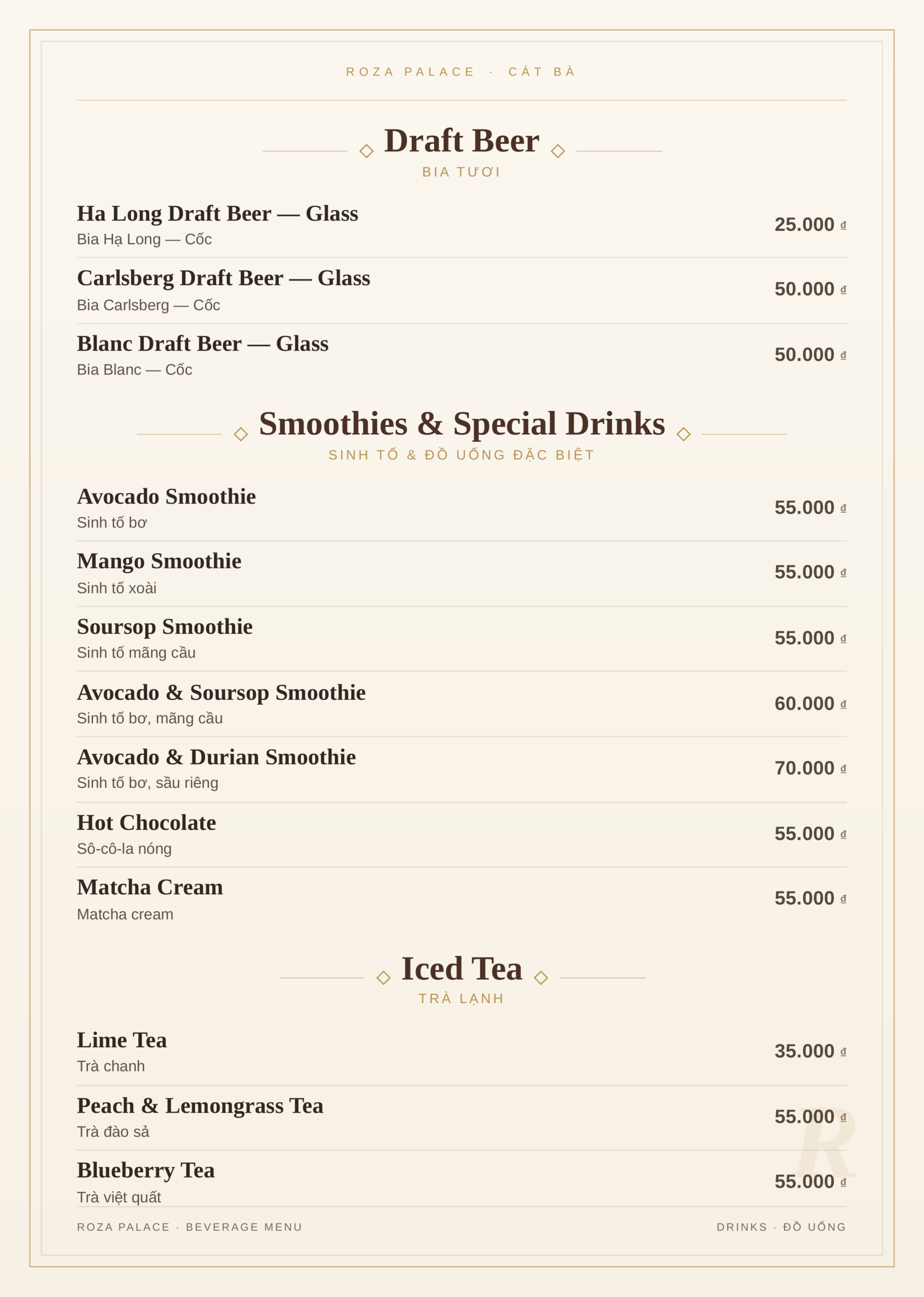 Roza drinks menu, Cat Ba – draft beer, smoothies and iced tea