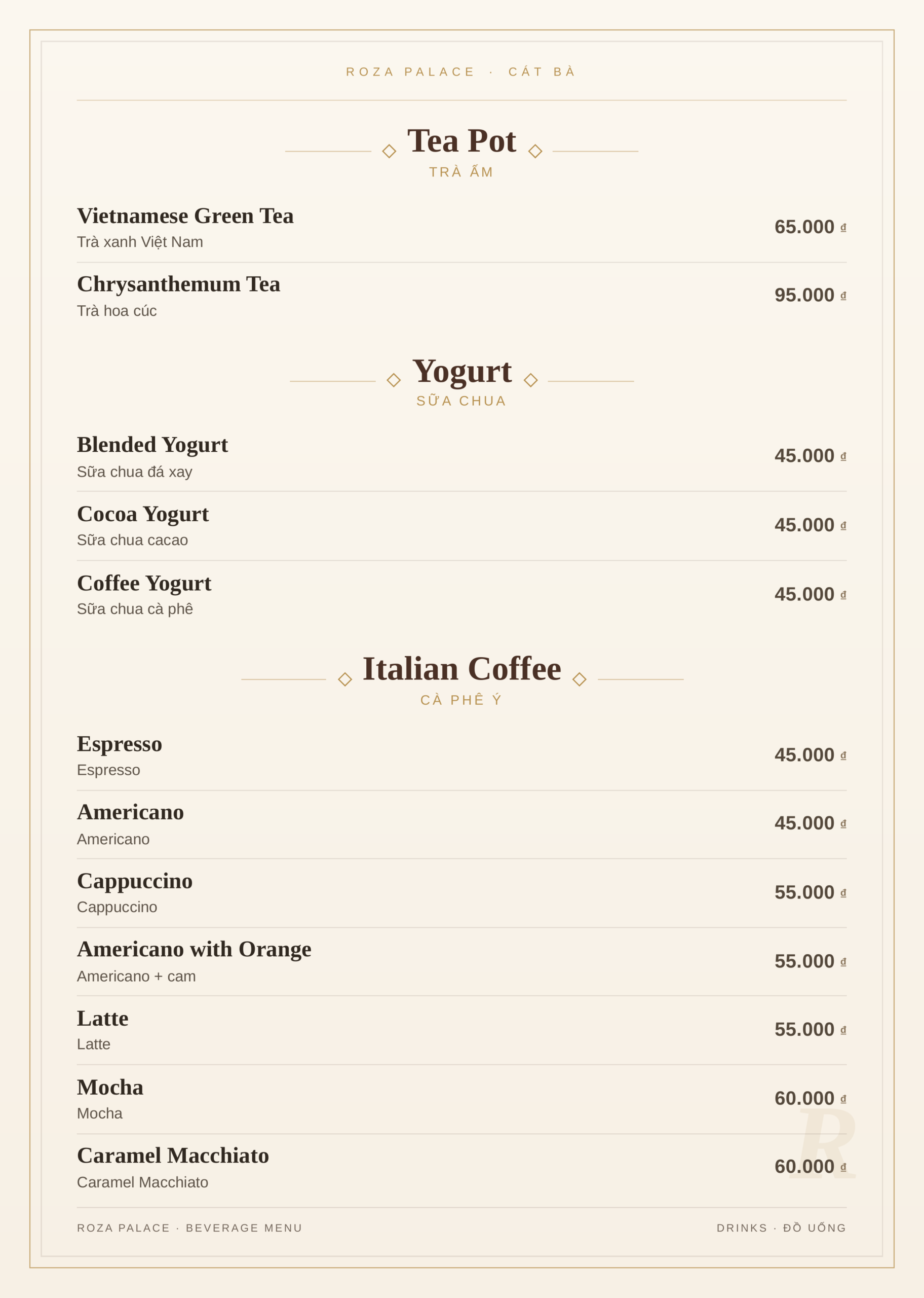 Roza drinks menu, Cat Ba – tea pots, yogurt and Italian coffee