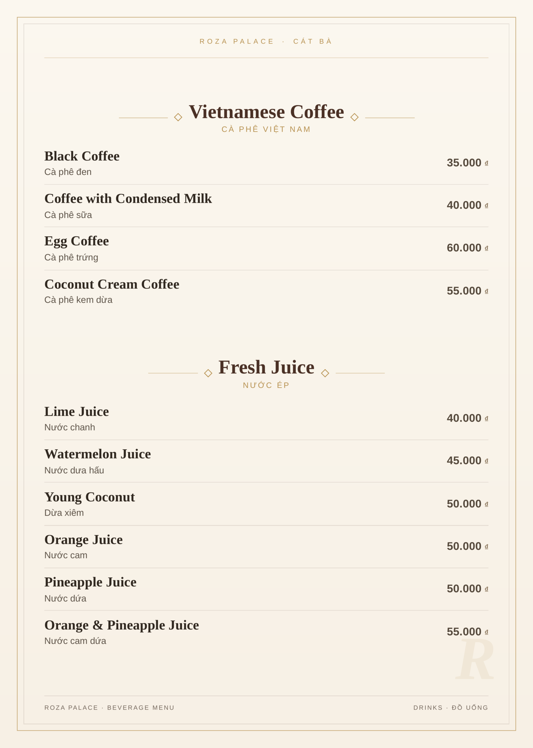 Roza drinks menu, Cat Ba – Vietnamese coffee and fresh juice
